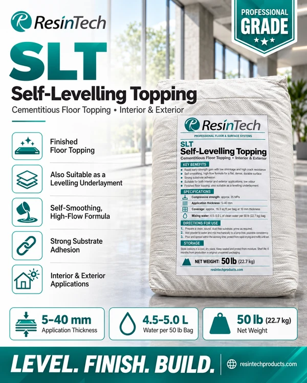 ResinTech SLT Self-Levelling Topping 50 lb (22.7 kg) bag — cementitious floor topping, interior and exterior, 5–40 mm